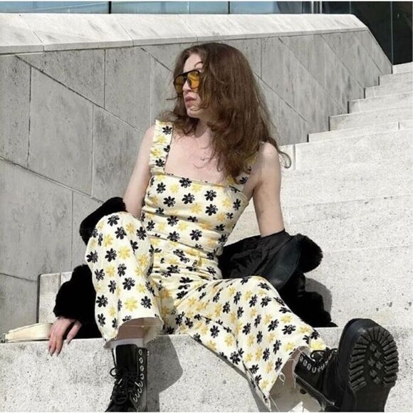 ZARA Floral Denim Crop Top Ruched Back Ruffle wide Straps Bloggers favorite XS - Picture 4 of 8